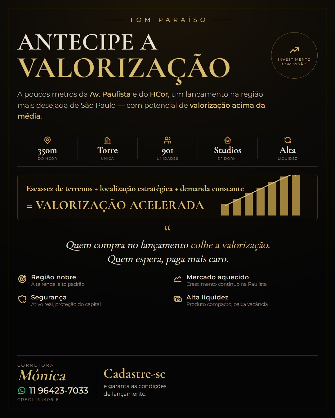 Tom Paraíso — lançamento para investimento a 350m do HCor e da Avenida Paulista, em São Paulo